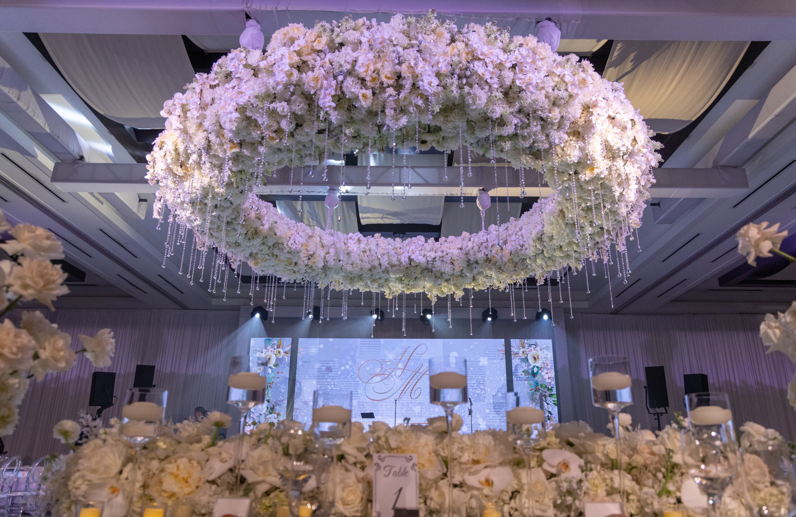 white floral ceiling installation for Grand Cayman wedding