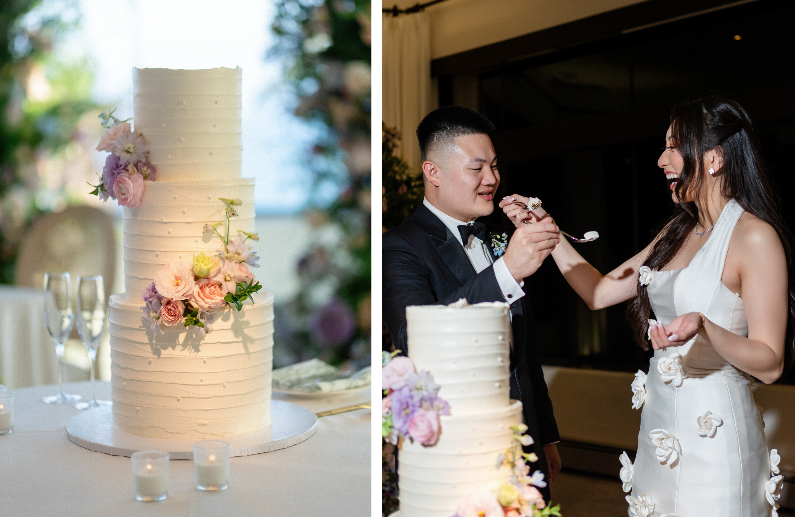 bride and groom cutting wedding cake at The Bel-Air Bay Club