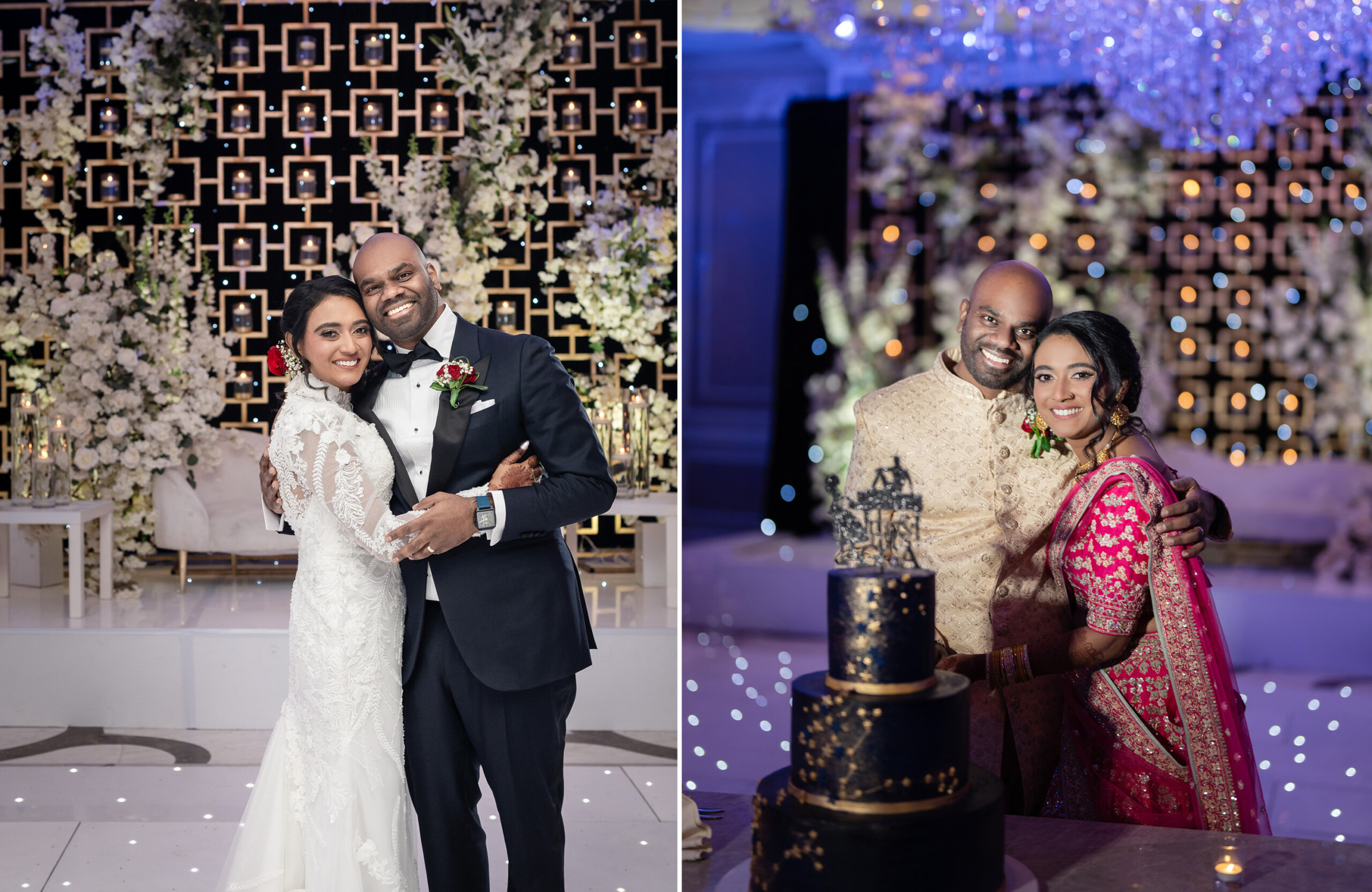 bride and groom with starlight themed wedding cake