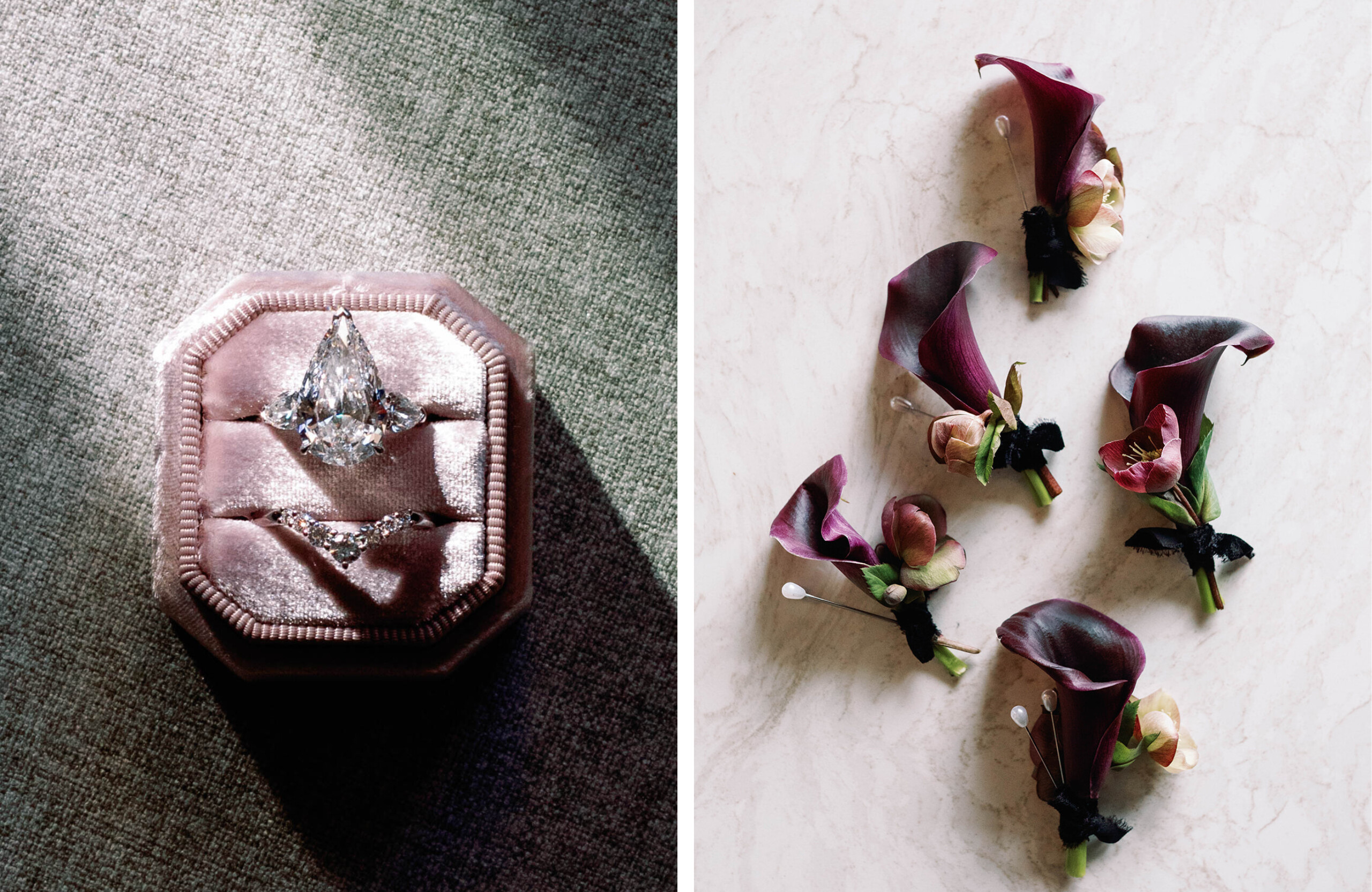 pear shaped diamond engagement ring and boutonnières