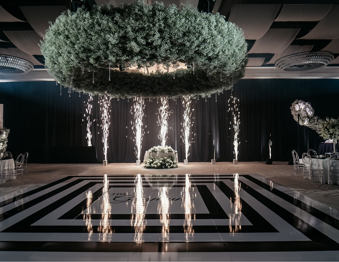 Reception in White Floral with Black Accents