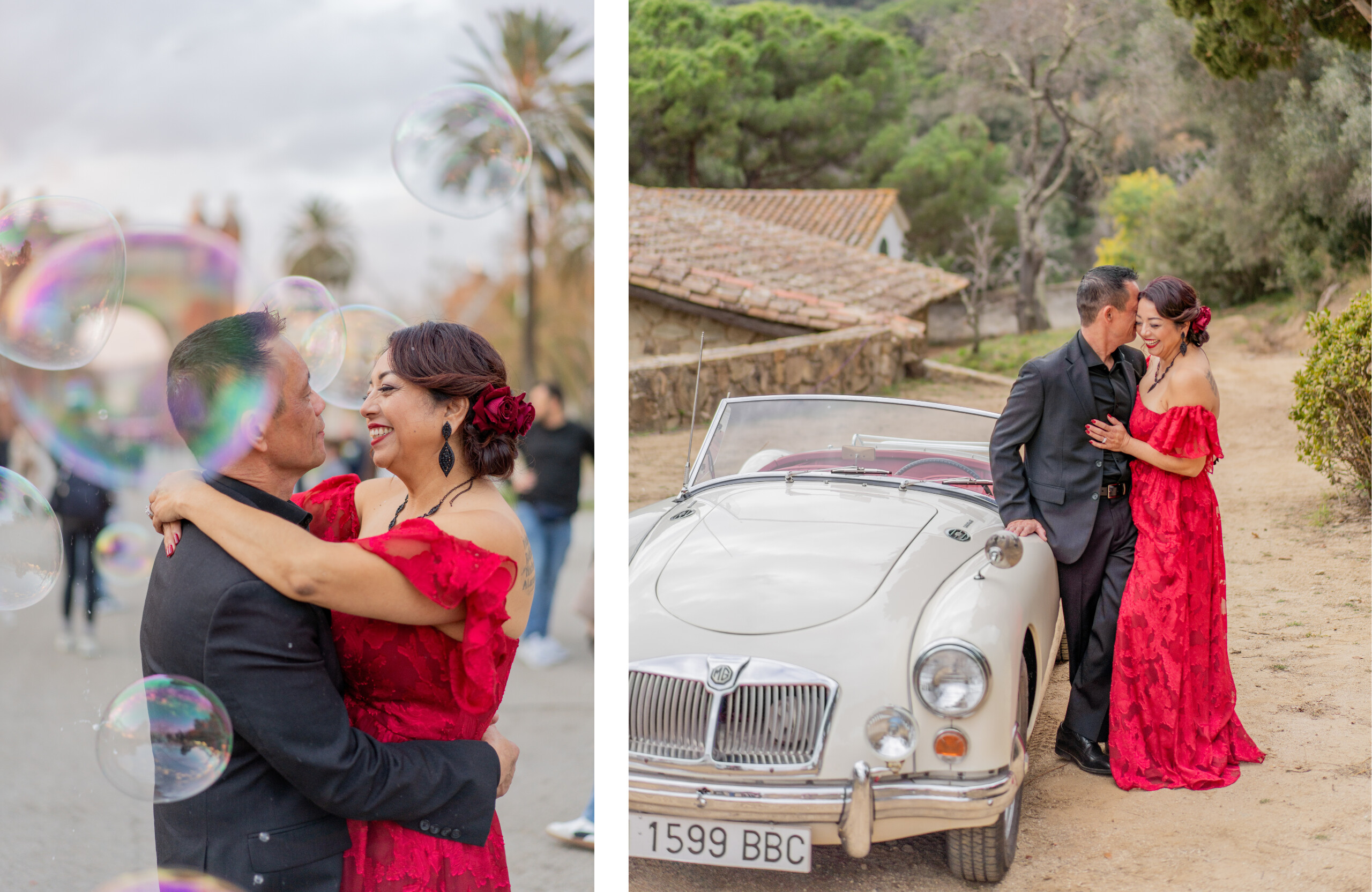 bride and groom vow renewal portraits with bubbles and classic car