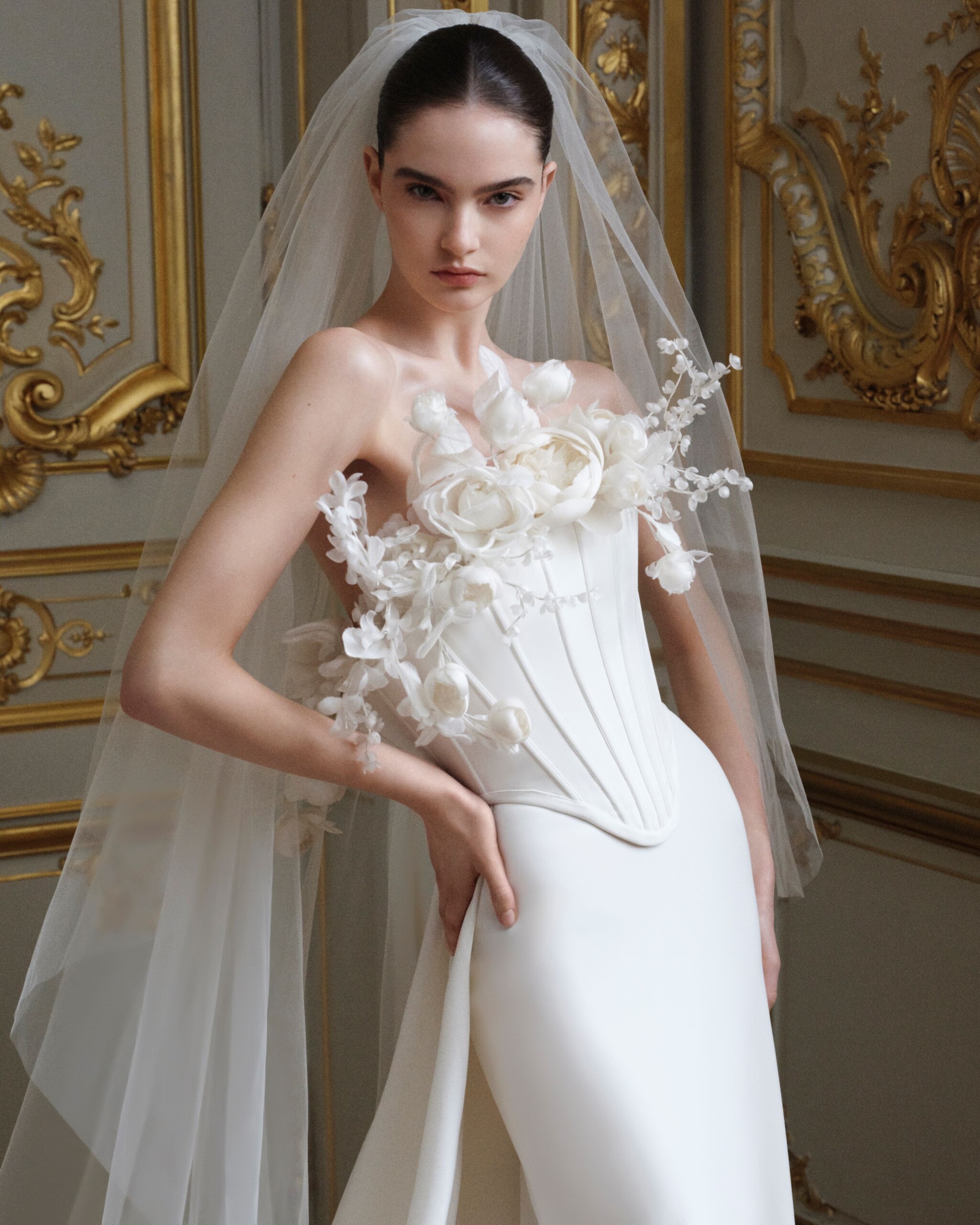 Floral Appliqued Strapless Wedding Dress Closeup