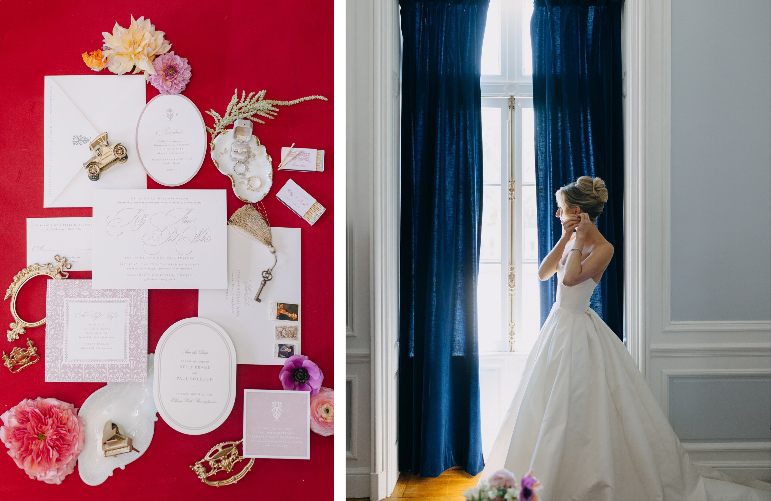 Elkins Estate wedding invitation suite and bridal portrait