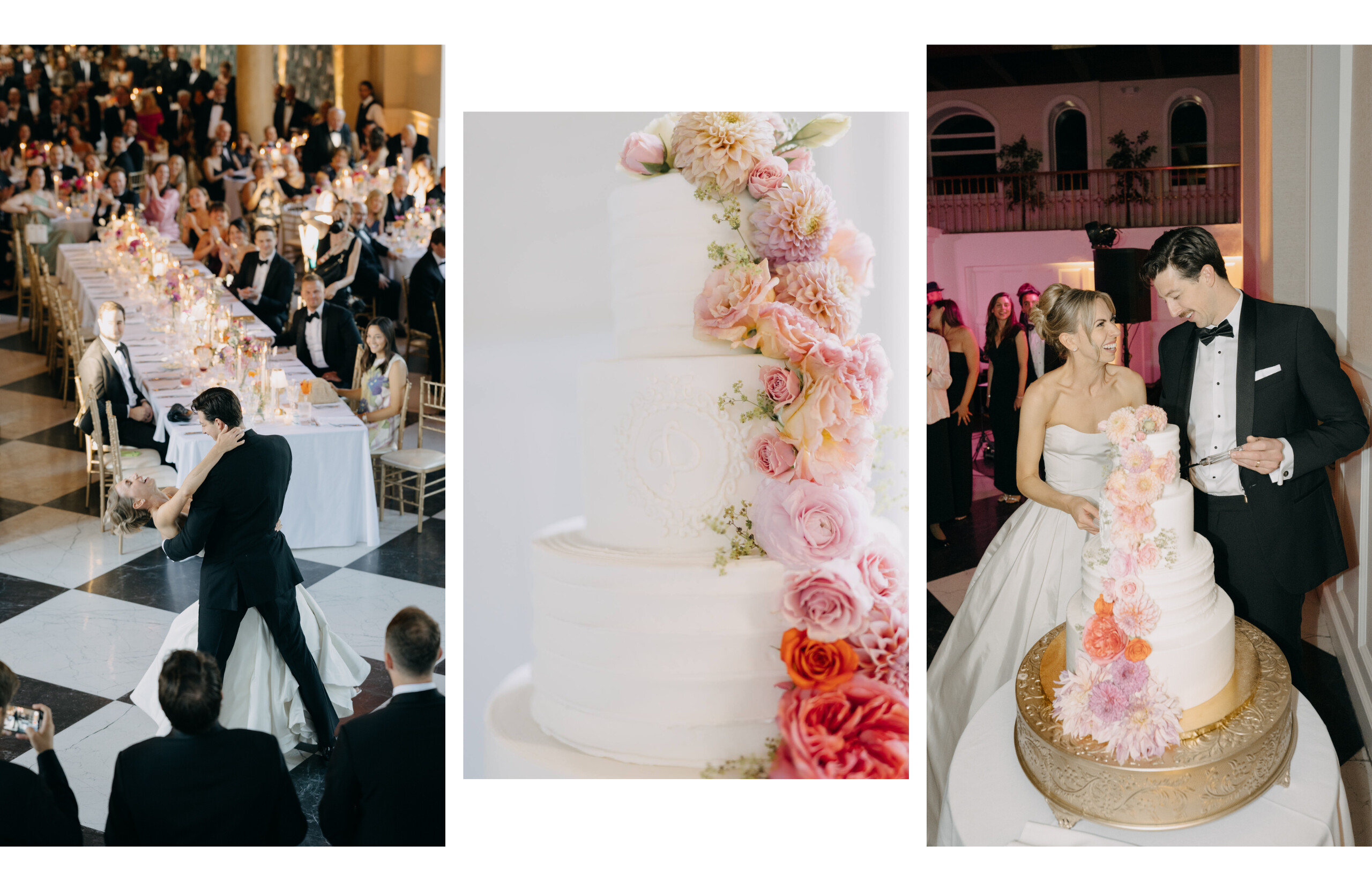 candid wedding photos at Elkins Estate with colorful wedding cake