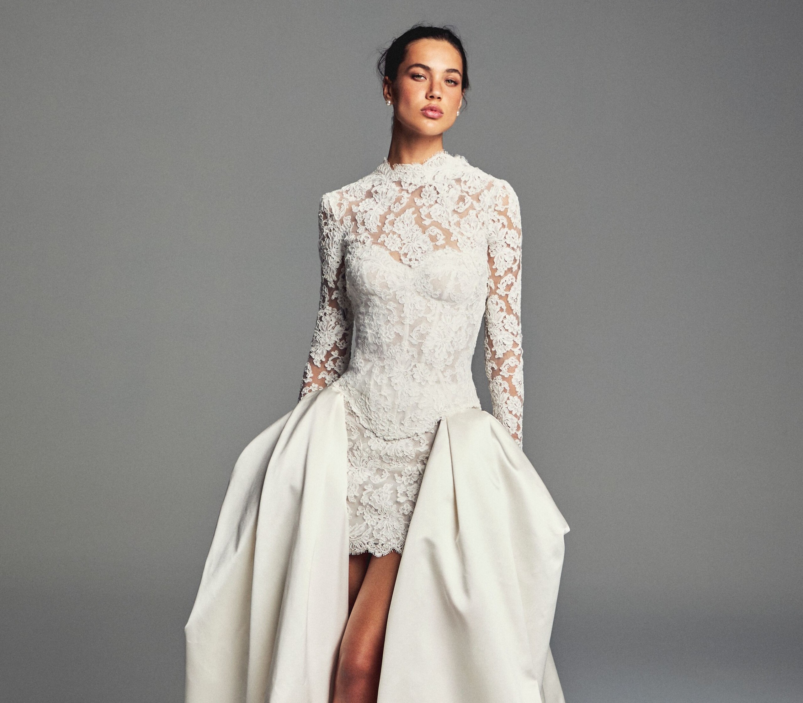 Monique Lhuillier Spring 2027 Bridal Collection Lace Wedding Dress with Overskirt