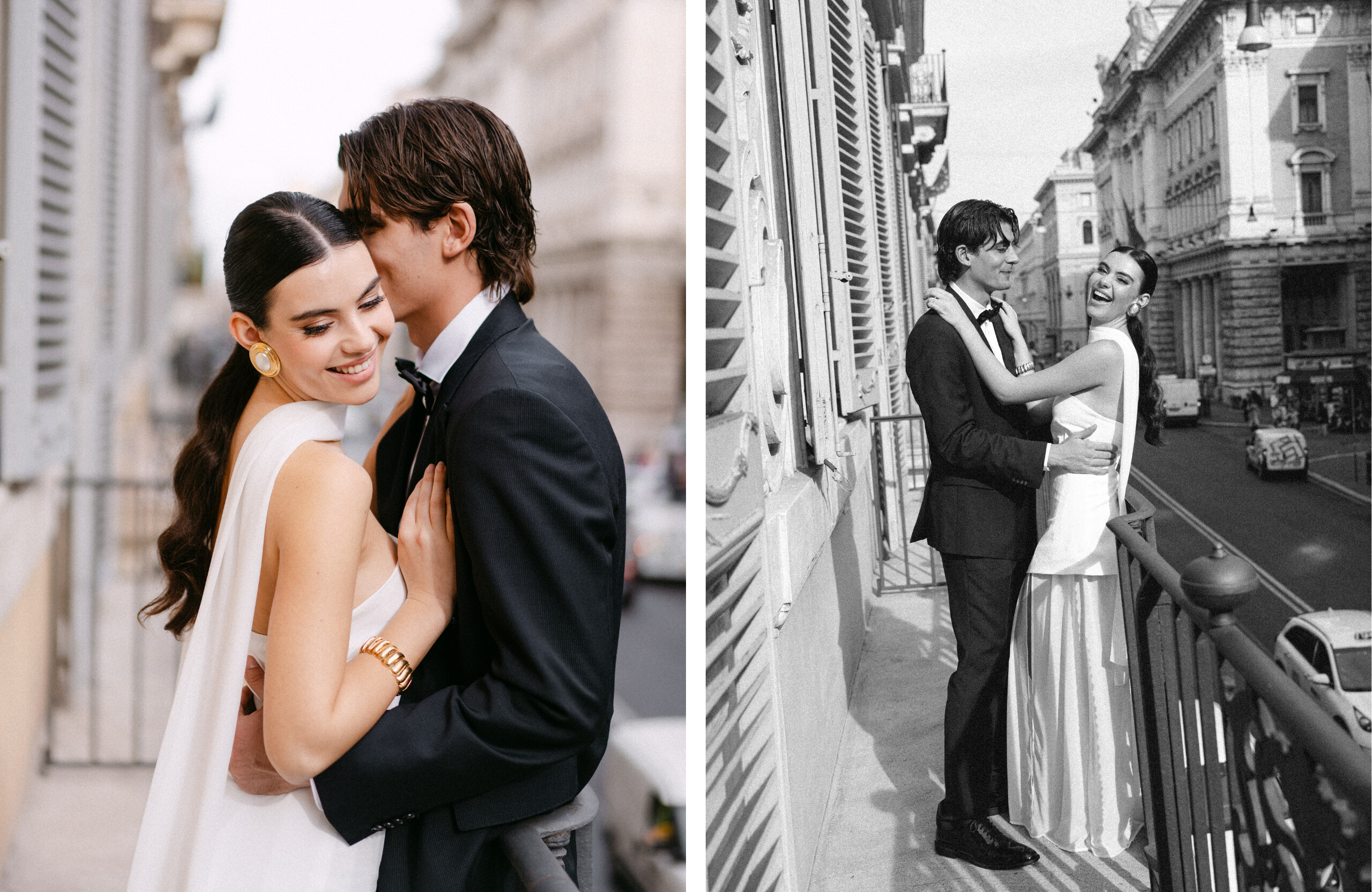 bride and groom portraits on a balcony in Rome