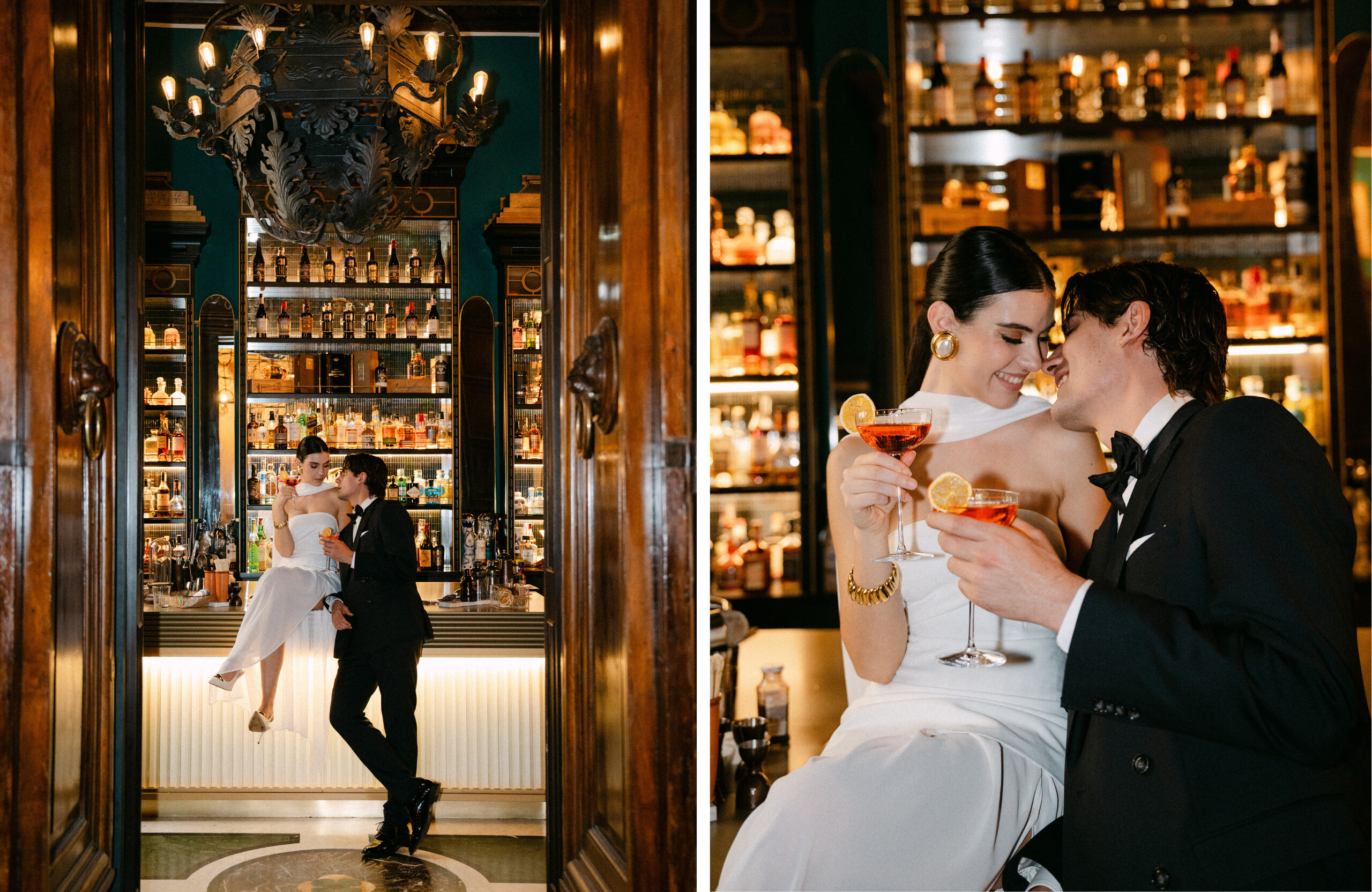 bride and groom candid photos at a bar
