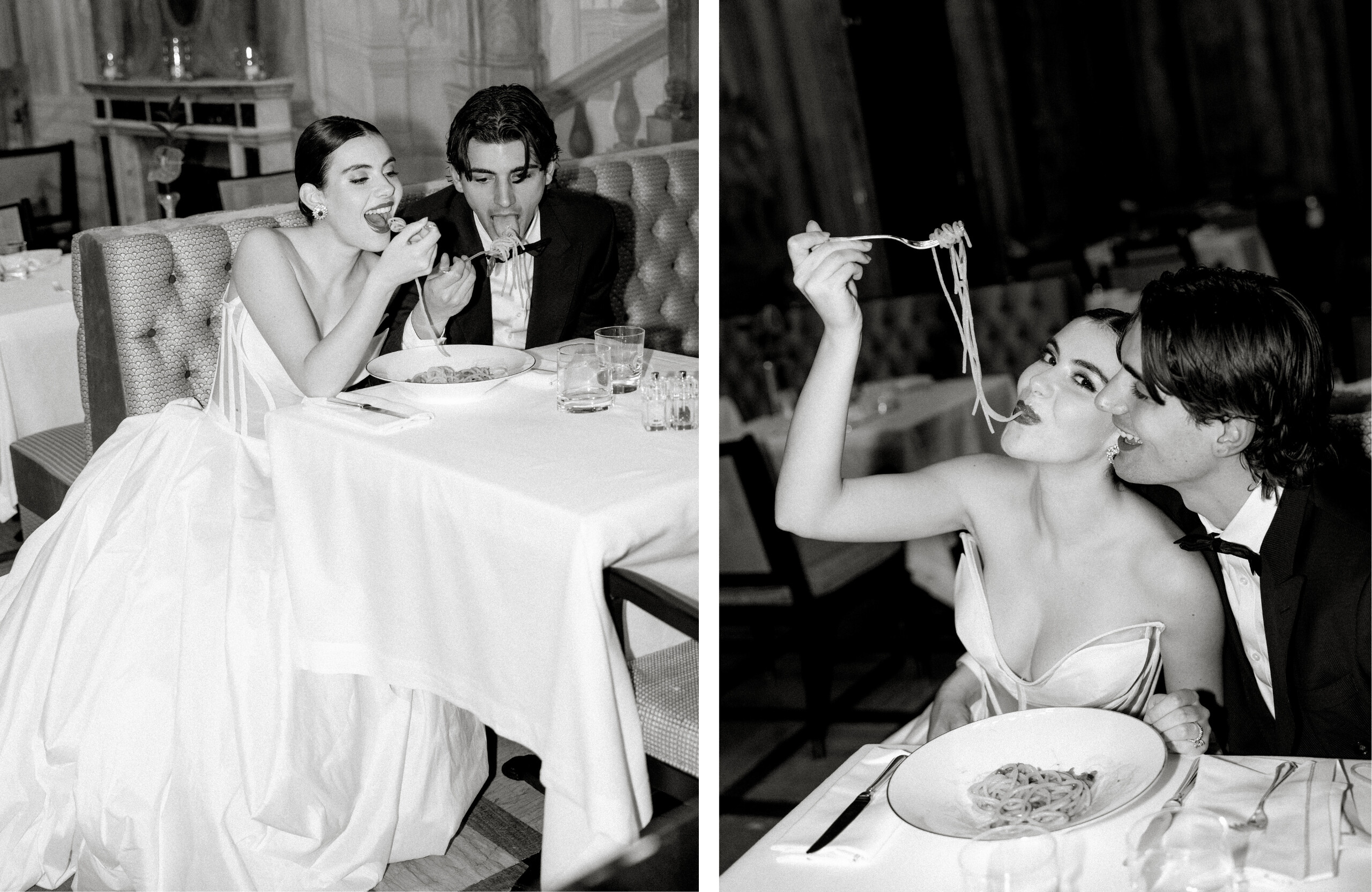 black and white photos of bride and groom eating pasta in Rome