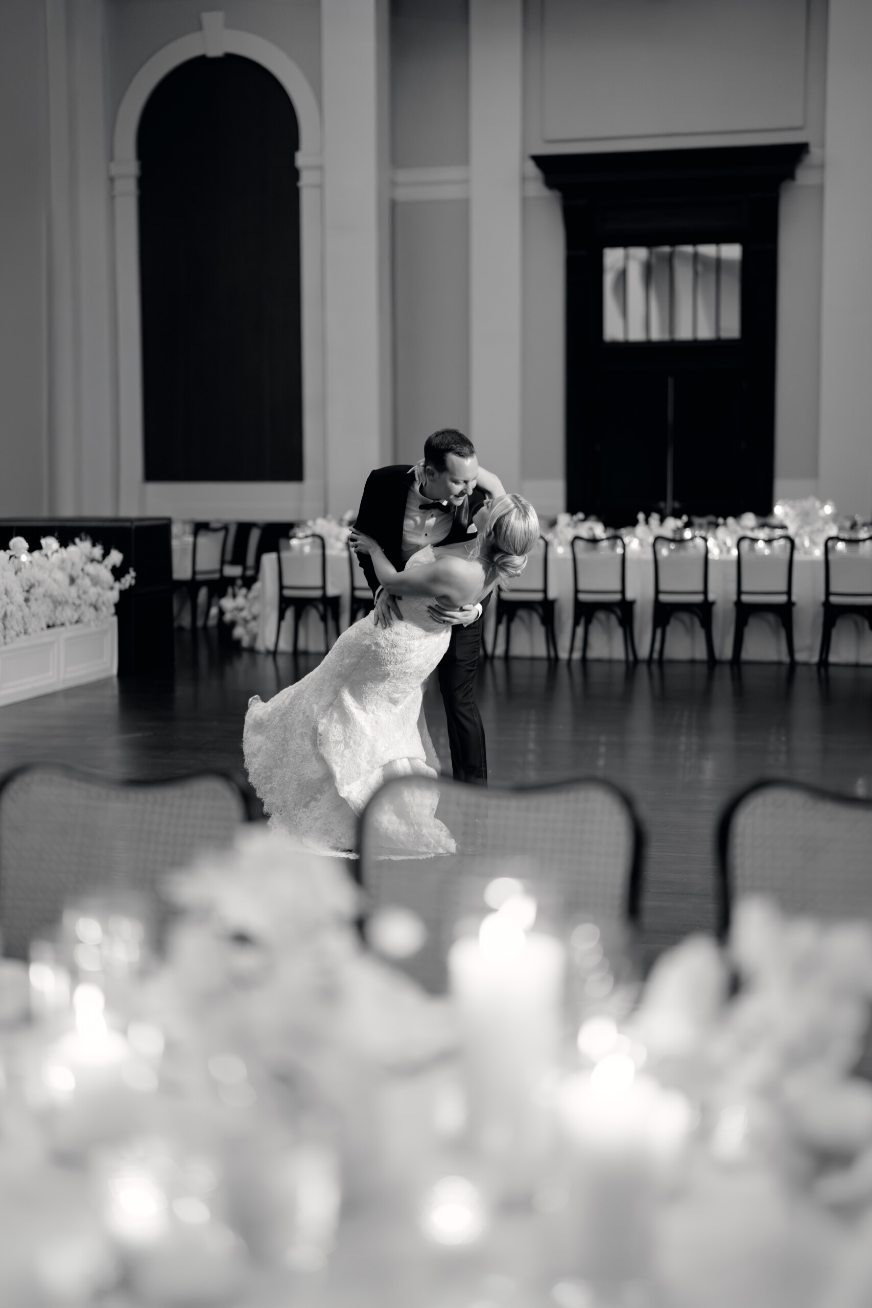 RV_00749 black and white photo of bride and groom in the Pendry Baltimore ballroom